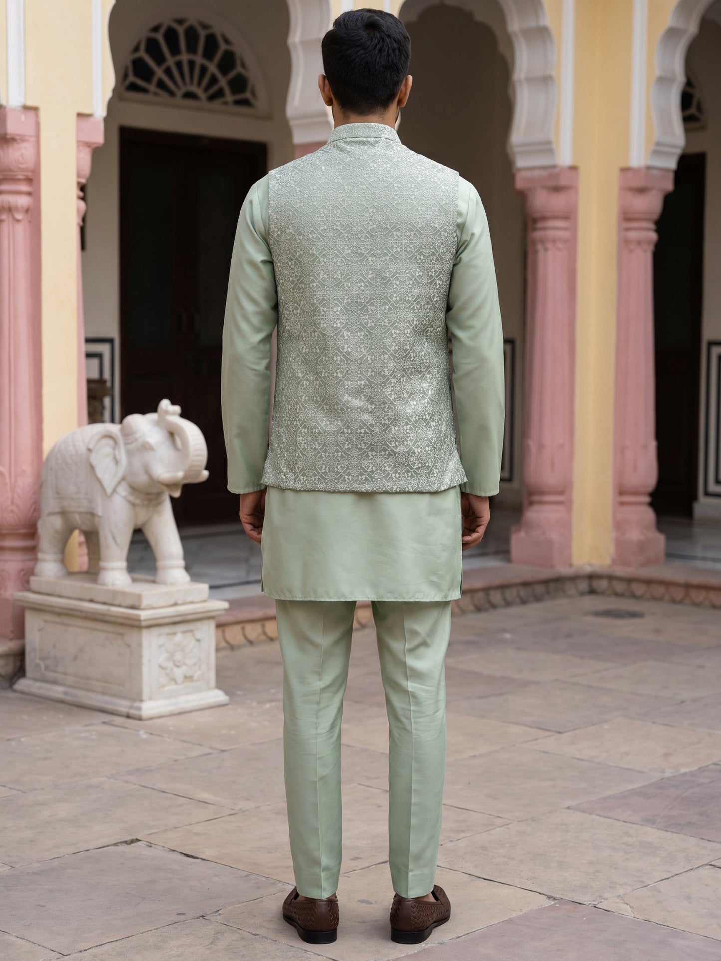 Jacquard Woven Nehru Jacket With Kurta Set ( 65KPWC 5586Pi 4184Pista )