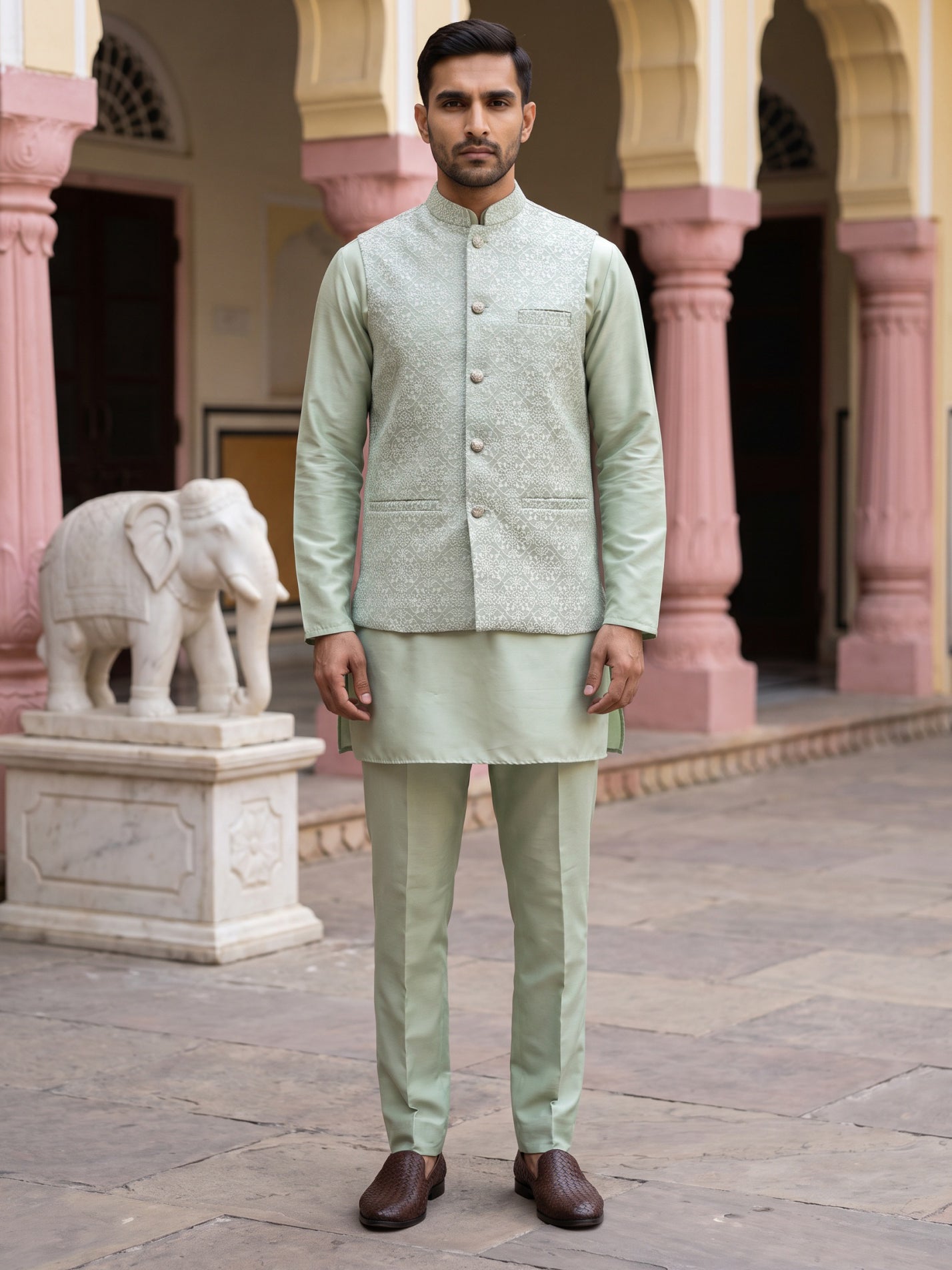Jacquard Woven Nehru Jacket With Kurta Set ( 65KPWC 5586Pi 4184Pista )