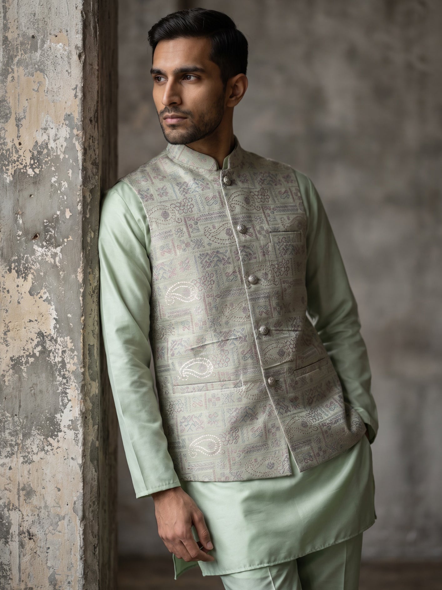 Jacquard Silk Woven Nehru Jacket with Kurta Pyjama Set ( 65KPWC 5586Pi 4185Pista )