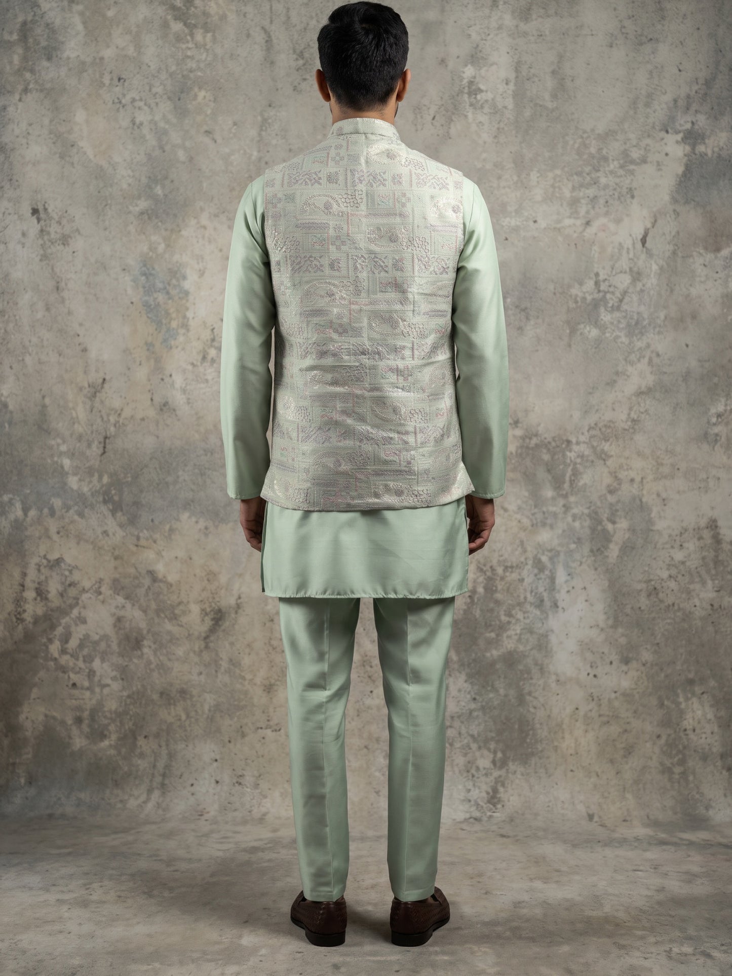Jacquard Silk Woven Nehru Jacket with Kurta Pyjama Set ( 65KPWC 5586Pi 4185Pista )