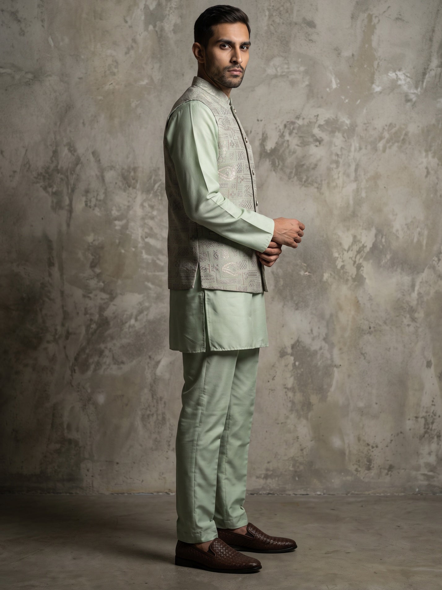 Jacquard Silk Woven Nehru Jacket with Kurta Pyjama Set ( 65KPWC 5586Pi 4185Pista )