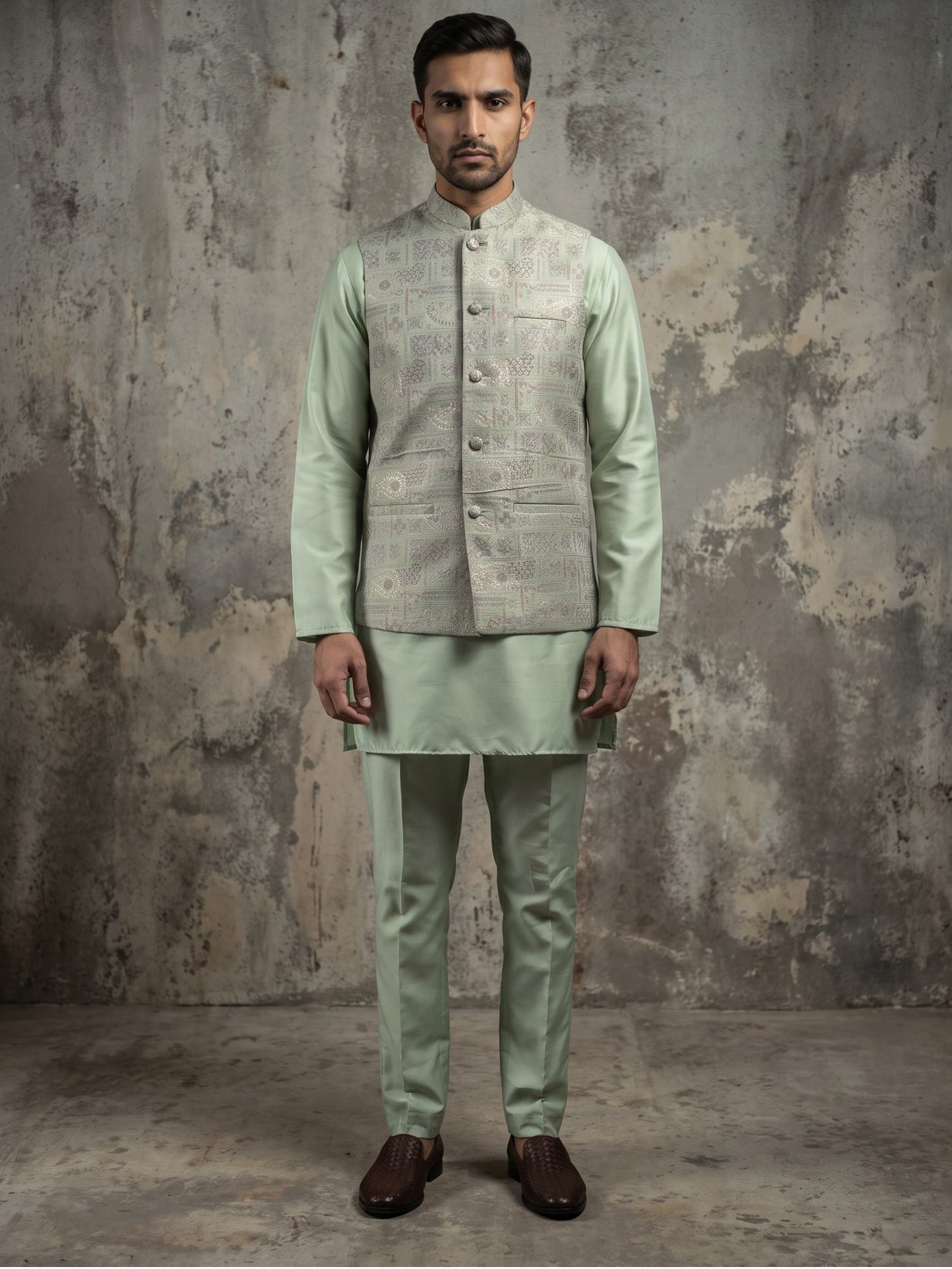 Jacquard Silk Woven Nehru Jacket with Kurta Pyjama Set ( 65KPWC 5586Pi 4185Pista )