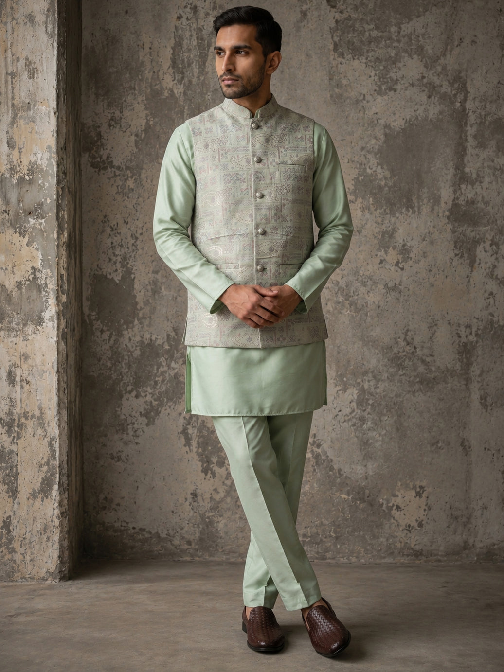 Jacquard Silk Woven Nehru Jacket with Kurta Pyjama Set ( 65KPWC 5586Pi 4185Pista )
