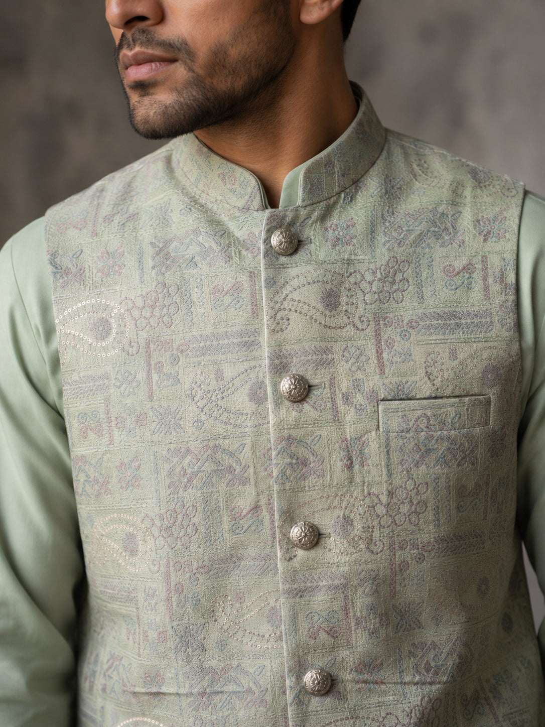 Jacquard Silk Woven Nehru Jacket with Kurta Pyjama Set ( 65KPWC 5586Pi 4185Pista )