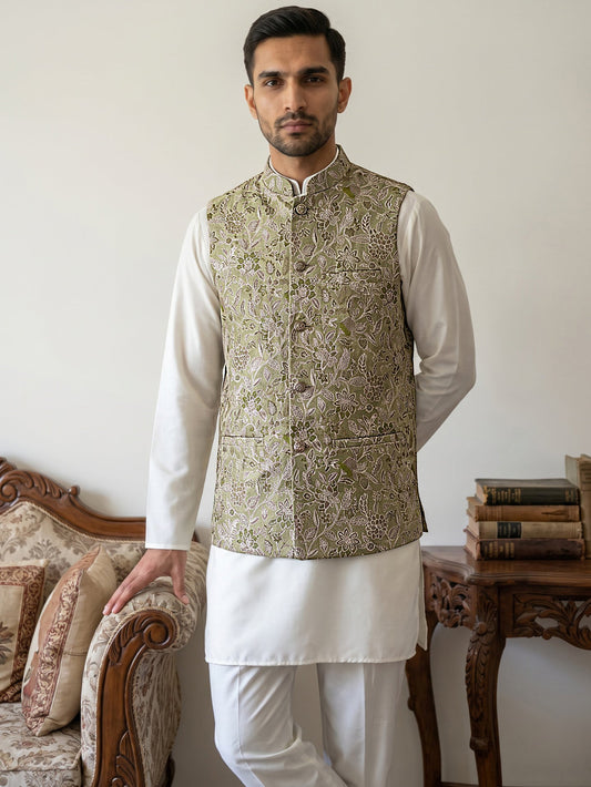 Men's Floral Jacquard Silk Blend Nehru Jacket with Kurta Set ( 65KPWC 5586W 4155Pista )