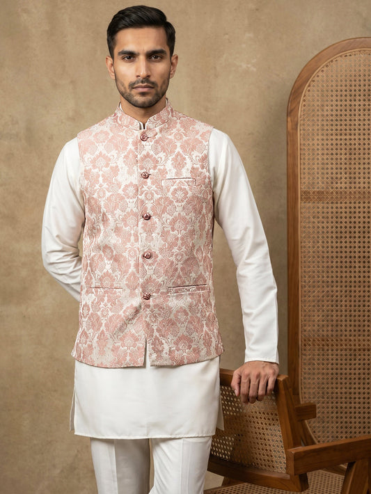 Men's Floral Woven Silk Blend Nehru Jacket with Kurta Pyjama ( 65KPWC 5586W 4156Peach )