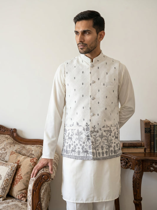 Men Cotton Blend Printed Nehru Jacket Kurta Set ( 65KPWC 5586W 4162White )