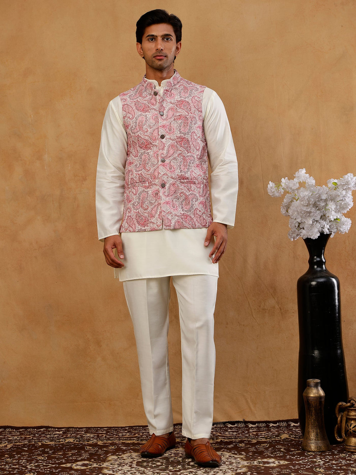Men Embroidered Ethnic Nehru Jacket with Kurta & Pyjama Set ( 65KPWC 5586W E 4164 Peach )