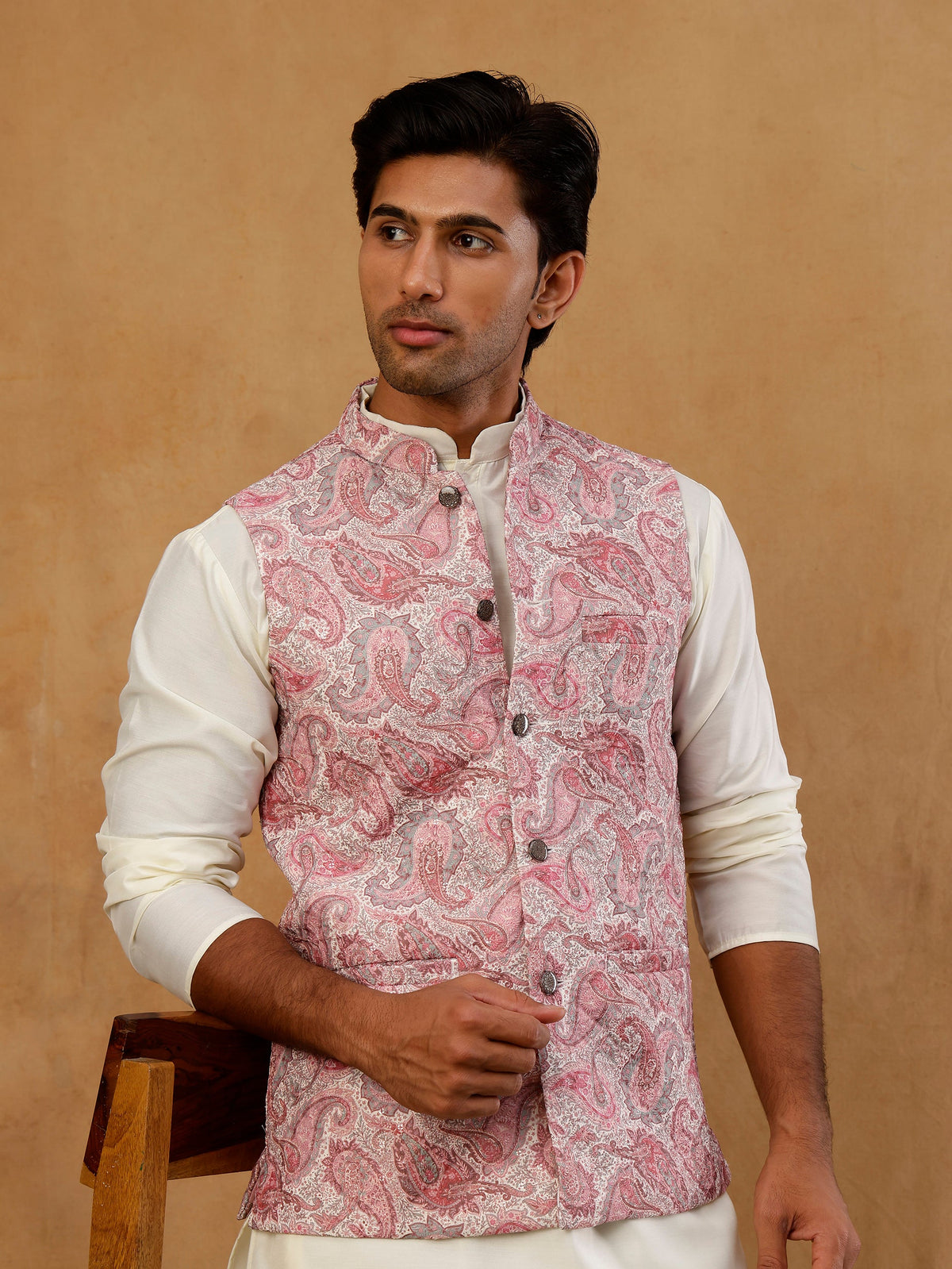 Men Embroidered Ethnic Nehru Jacket with Kurta & Pyjama Set ( 65KPWC 5586W E 4164 Peach )