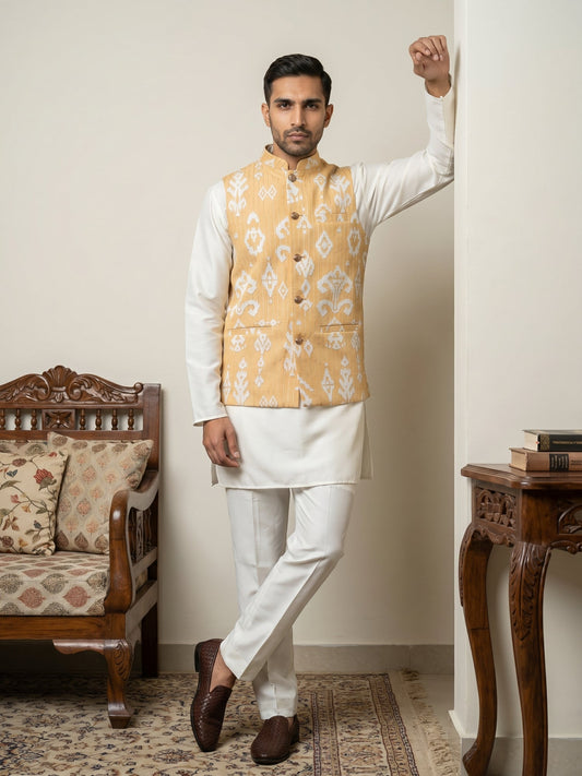 Ikat Print Cotton Blend Nehru Jacket With Kurta Set ( 65KPWC 5586W 4166Yellow )