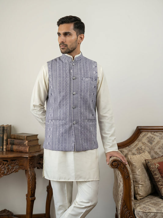 Men's Cotton Blend Embroidered Nehru Jacket with Kurta & Pyjama Set ( 65KPWC 5586W 4172Blue )