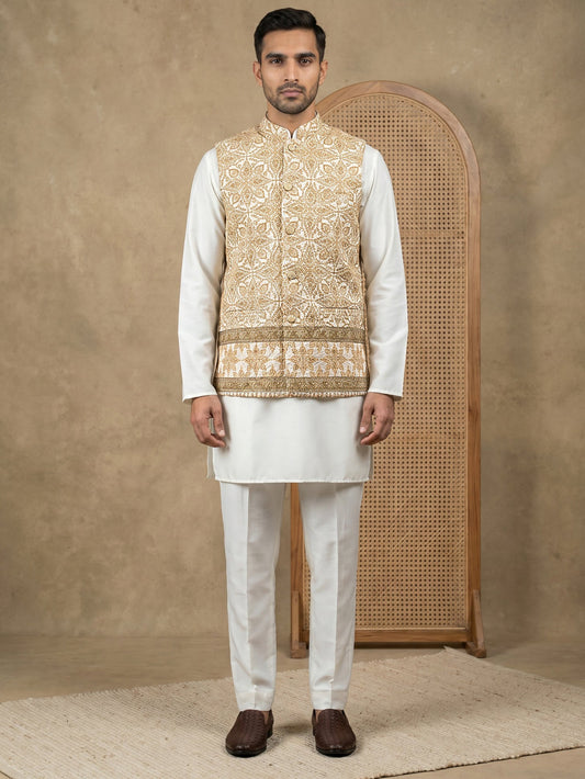 Silk Blend Embroidered Floral Nehru Jacket Kurta Set ( 65KPWC 5586W 4177Yellow )