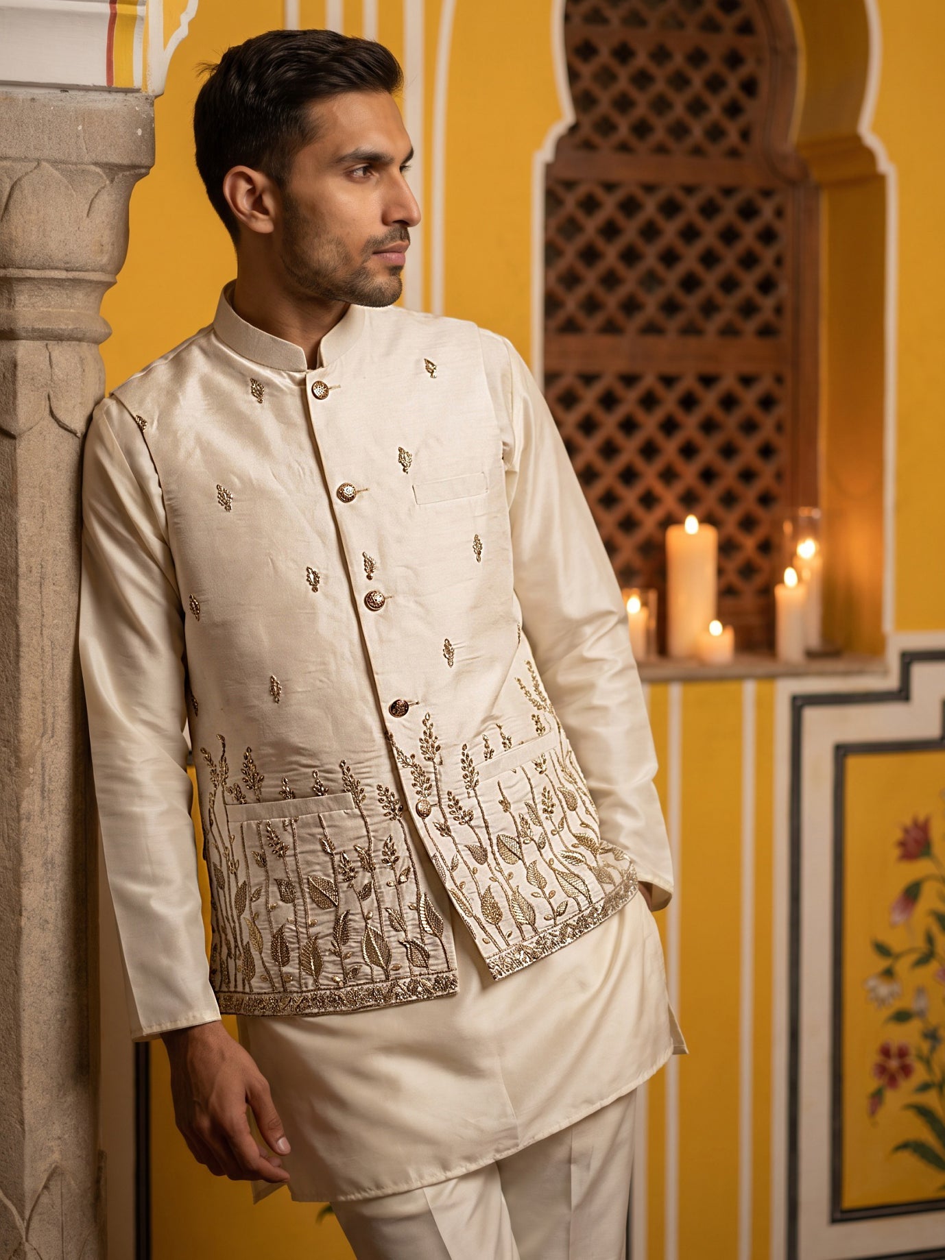 Embroidered Nehru Jacket With Kurta Pyjama Set ( 65KPWC 5586W 4182White )