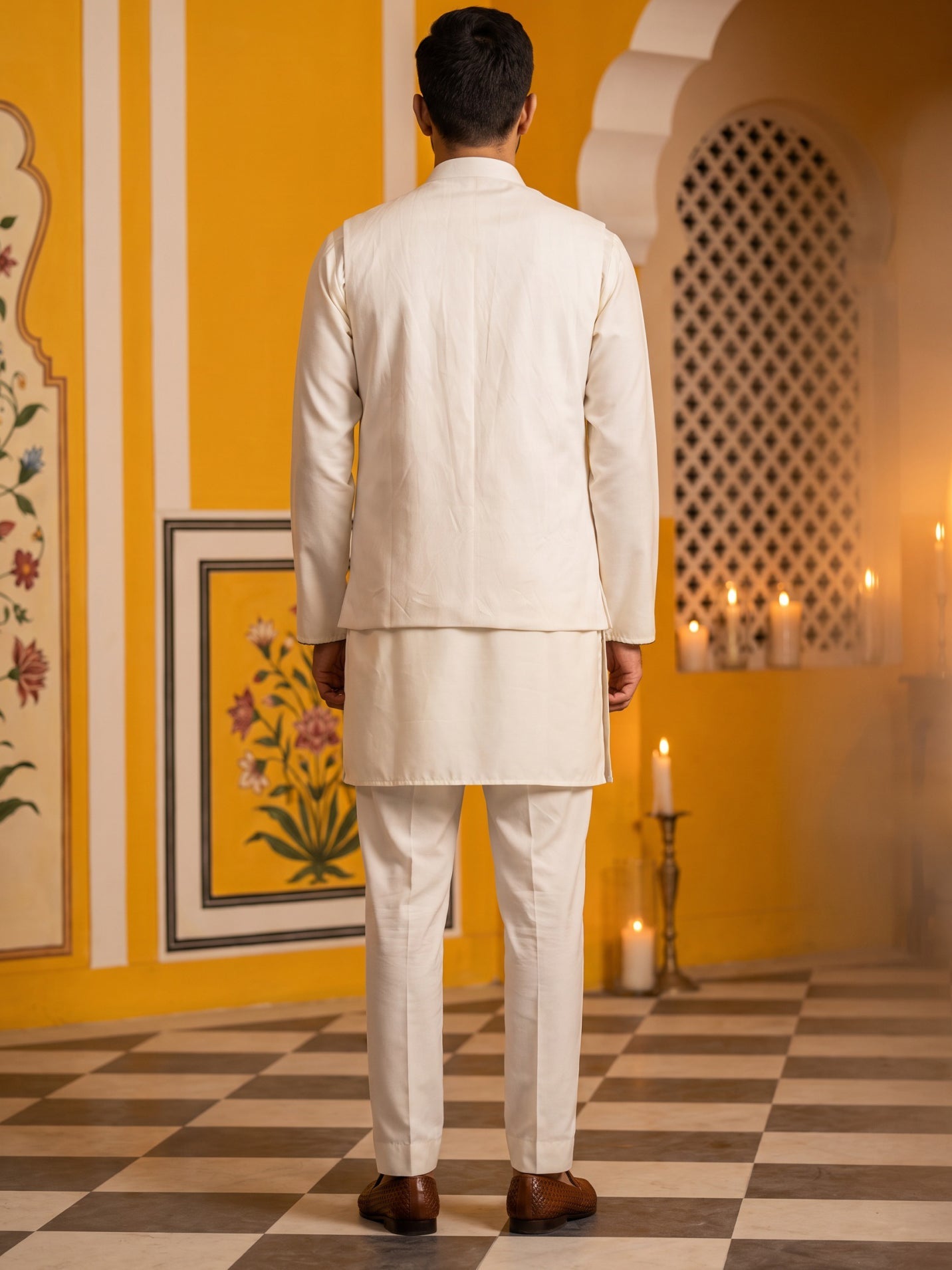 Embroidered Nehru Jacket With Kurta Pyjama Set ( 65KPWC 5586W 4182White )