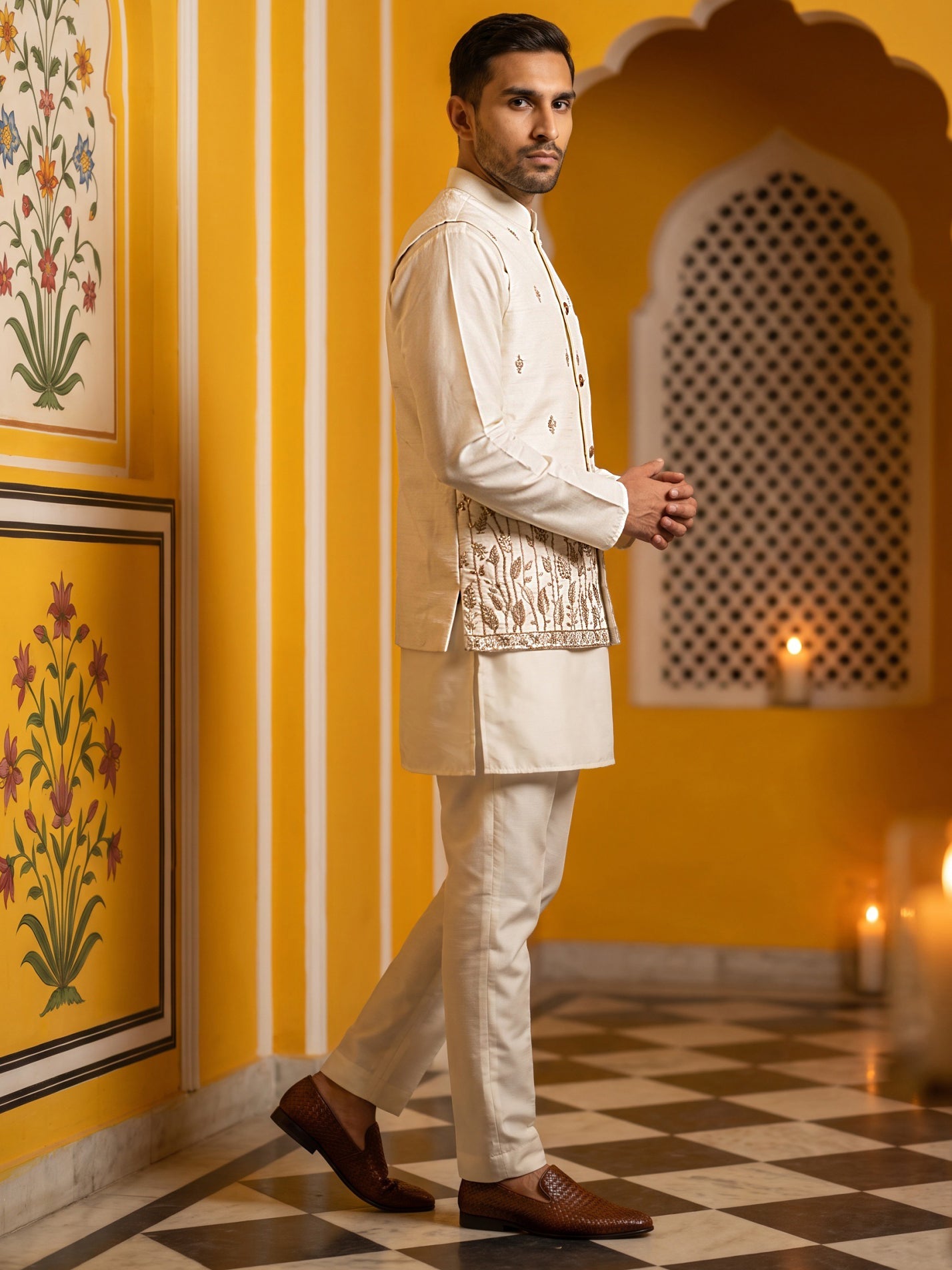 Embroidered Nehru Jacket With Kurta Pyjama Set ( 65KPWC 5586W 4182White )