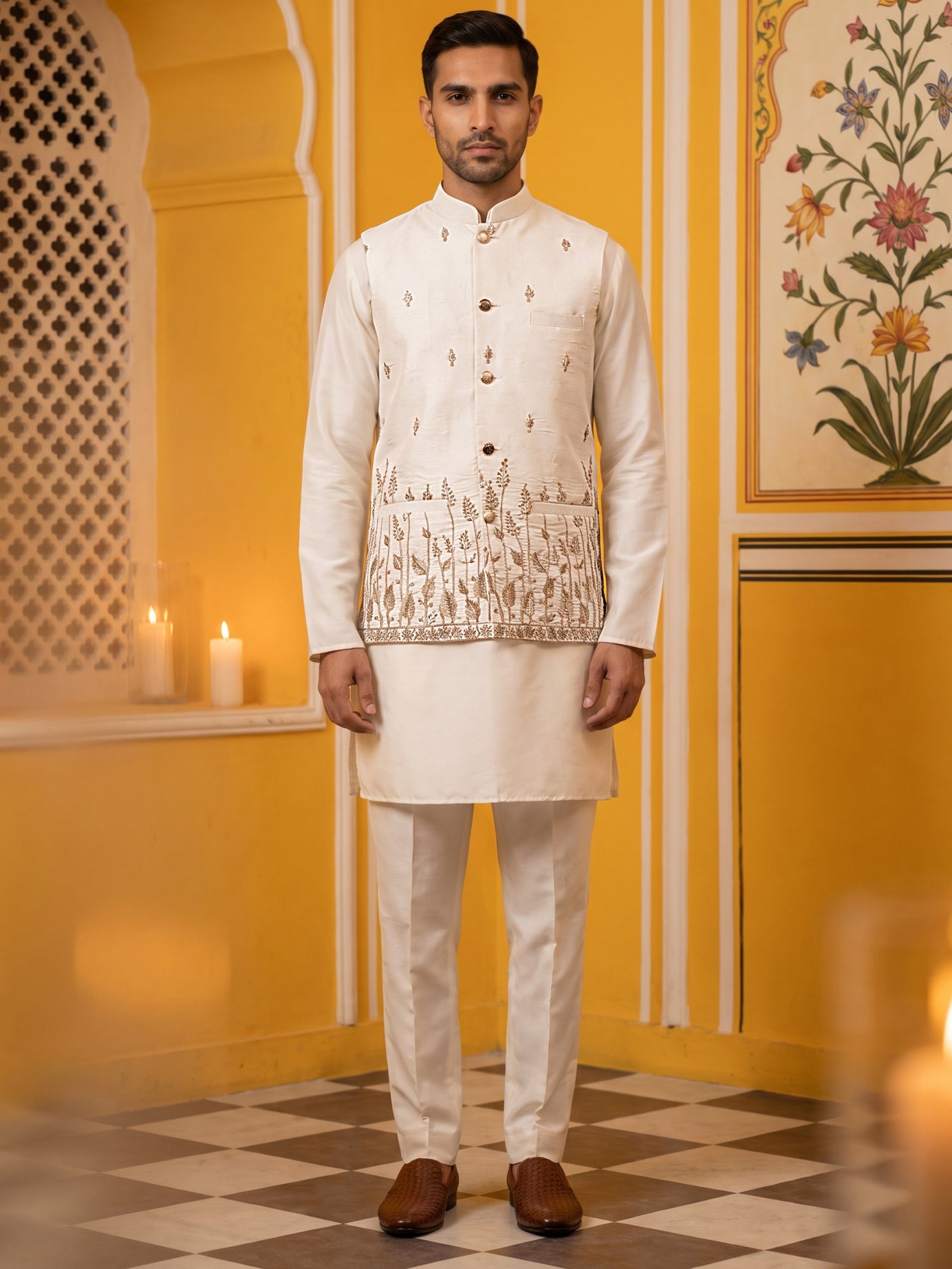Embroidered Nehru Jacket With Kurta Pyjama Set ( 65KPWC 5586W 4182White )