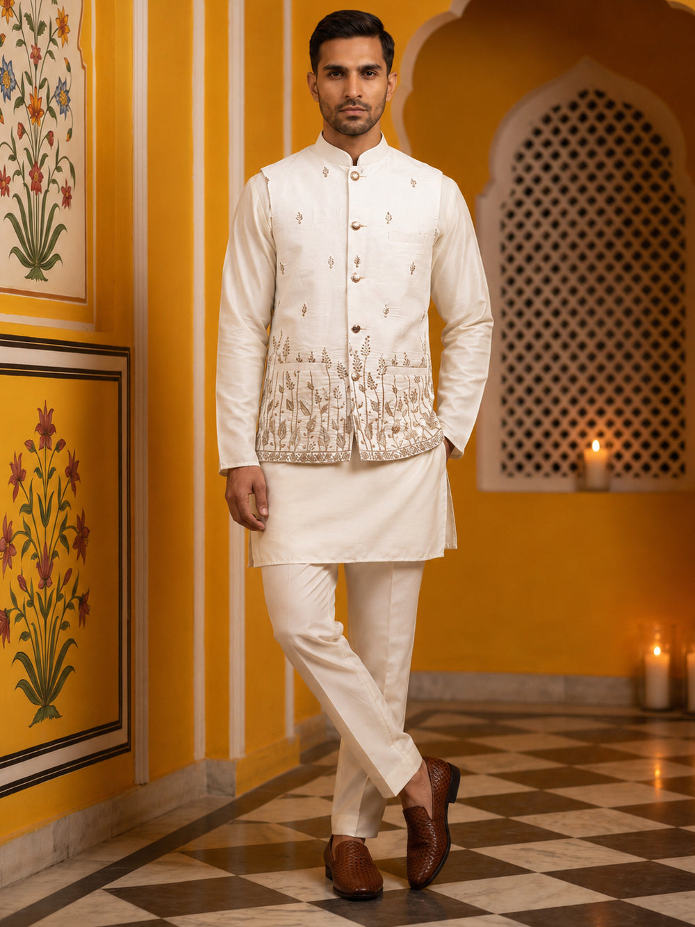Embroidered Nehru Jacket With Kurta Pyjama Set ( 65KPWC 5586W 4182White )