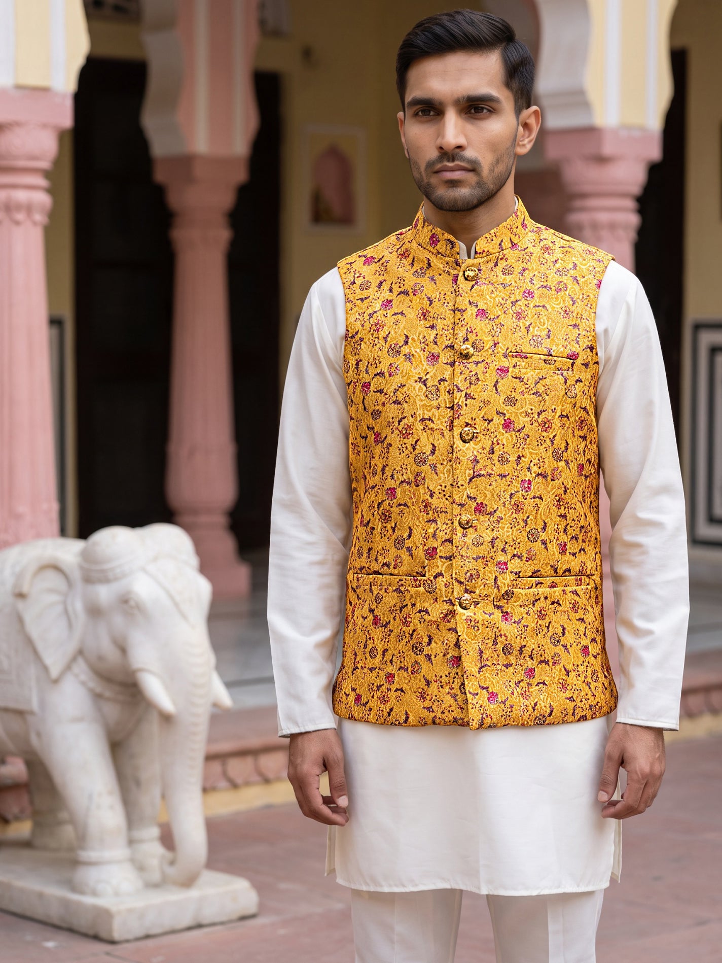 Woven Nehru Jacket Kurta Pyjama Set ( 65KPWC 5586W 4183Mustard )