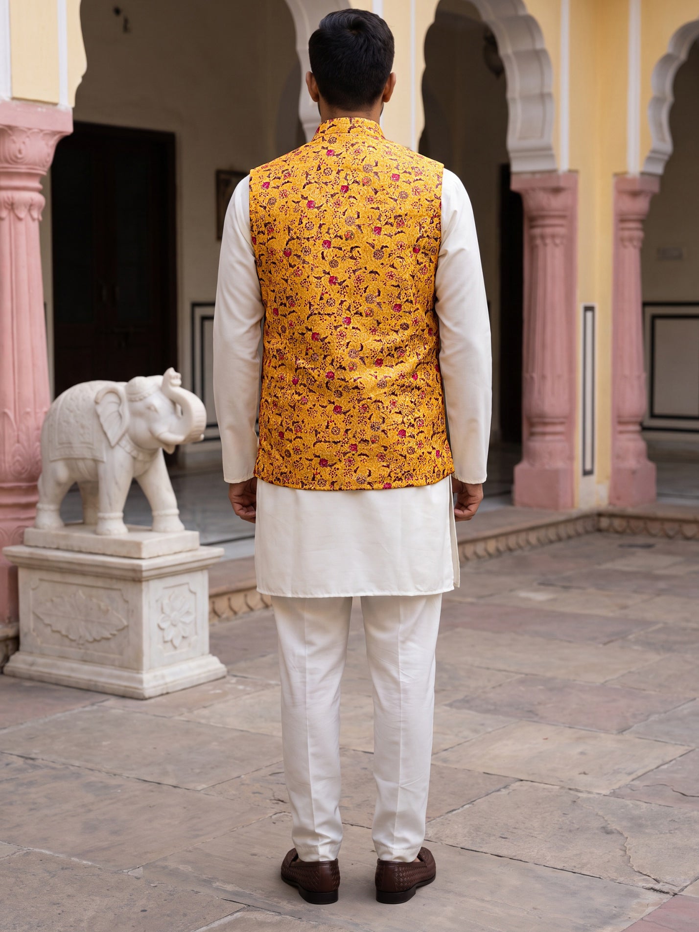 Woven Nehru Jacket Kurta Pyjama Set ( 65KPWC 5586W 4183Mustard )