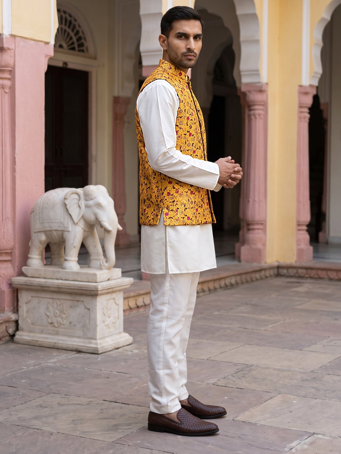 Woven Nehru Jacket Kurta Pyjama Set ( 65KPWC 5586W 4183Mustard )