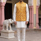 Woven Nehru Jacket Kurta Pyjama Set ( 65KPWC 5586W 4183Mustard )
