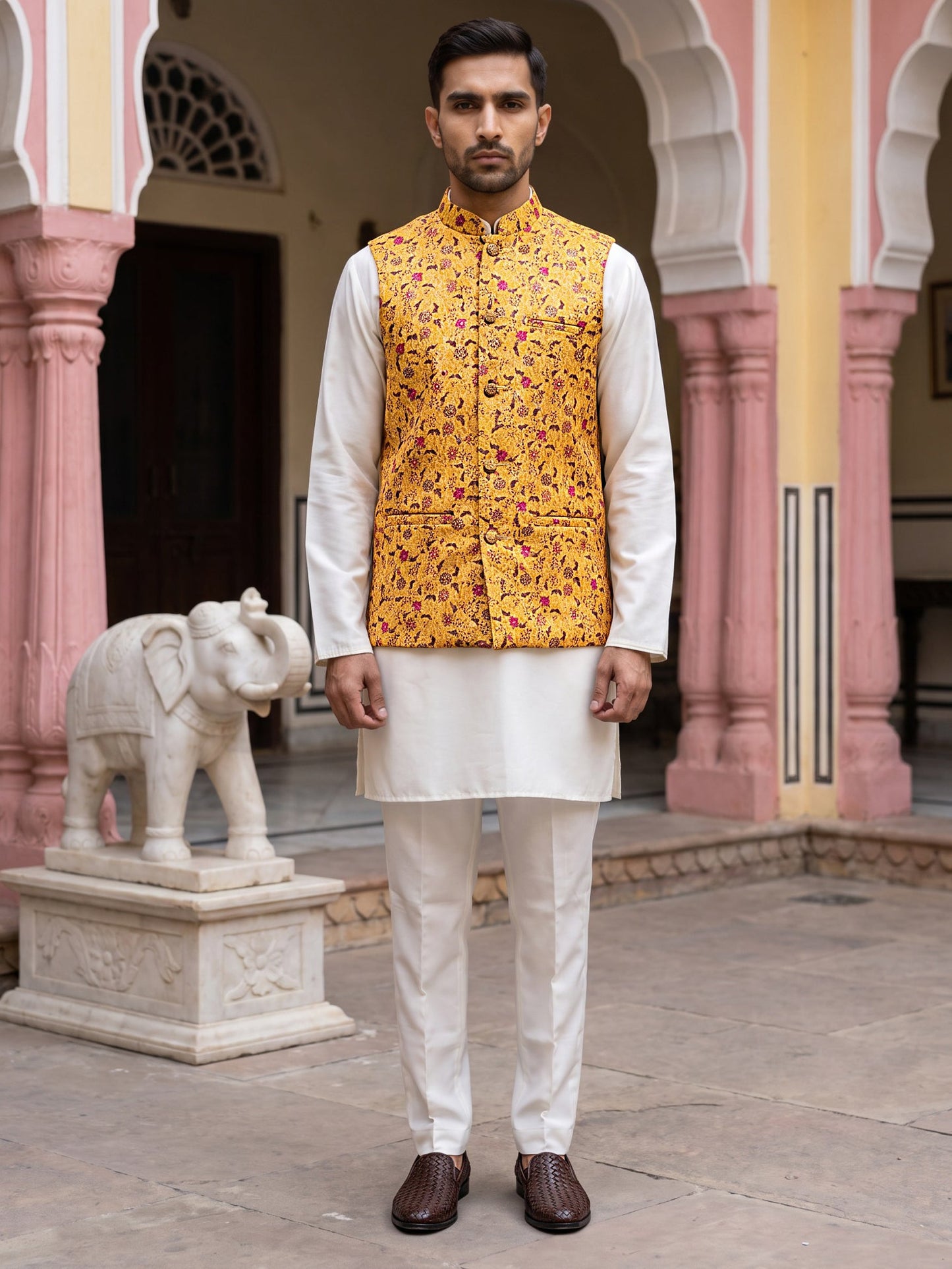 Woven Nehru Jacket Kurta Pyjama Set ( 65KPWC 5586W 4183Mustard )