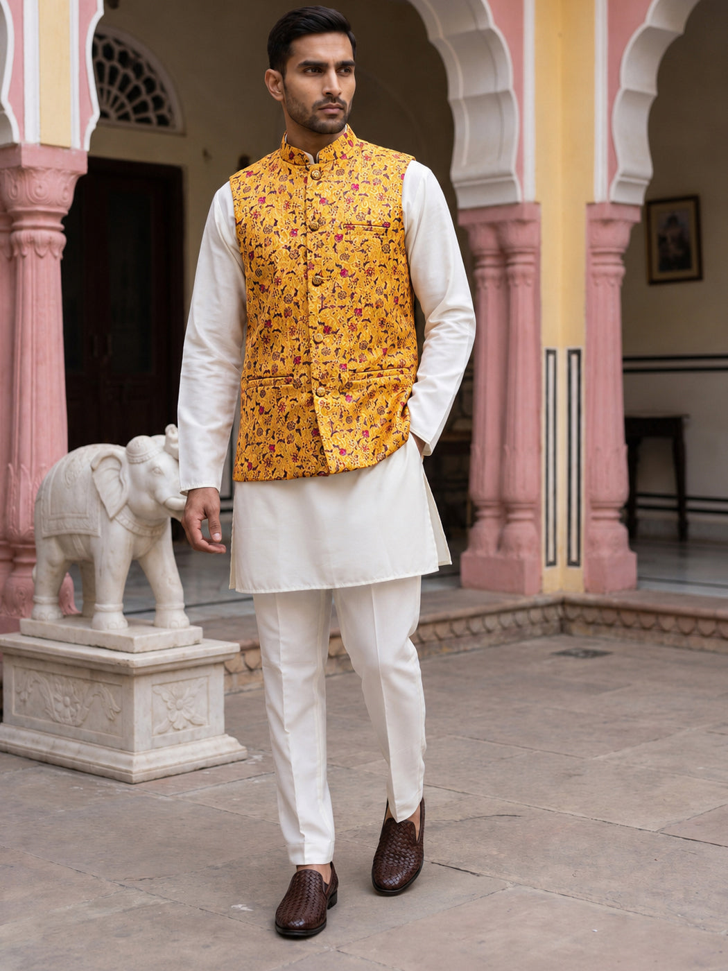 Woven Nehru Jacket Kurta Pyjama Set ( 65KPWC 5586W 4183Mustard )