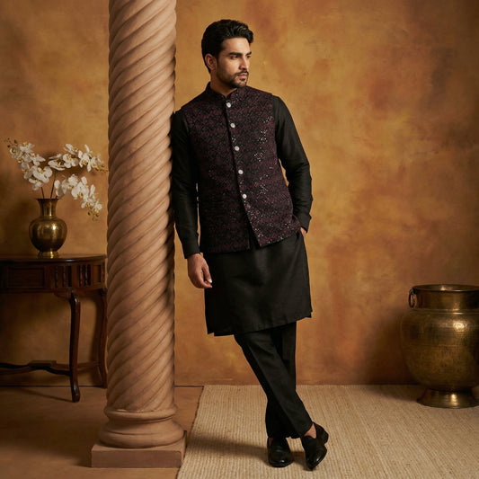 Men's Velvet Nehru Jacket With Solid Kurta Pyjama. ( 65KPWC 592B 4151Purple )