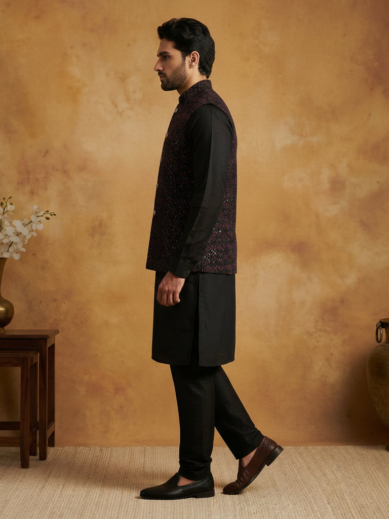 Men's Velvet Nehru Jacket With Solid Kurta Pyjama. ( 65KPWC 592B 4151Purple )