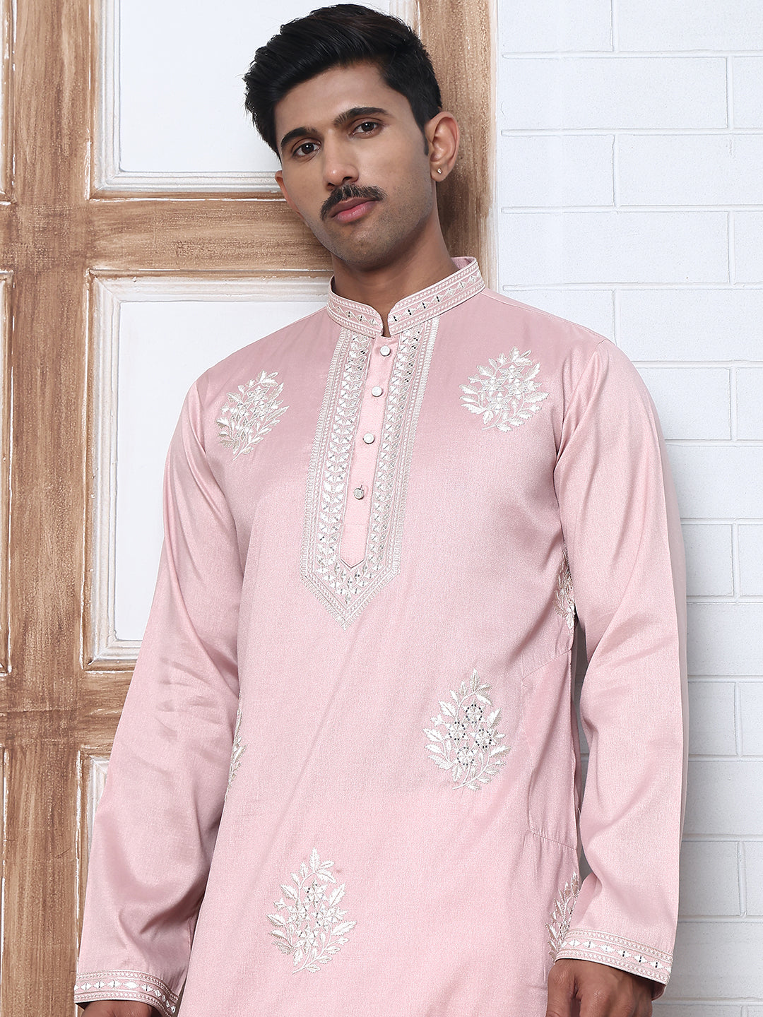 Men’s Silk Blend Ethnic Embroidered Kurta Pyjama (65KP P 5329 Pink ) [FF] [B-1-2]