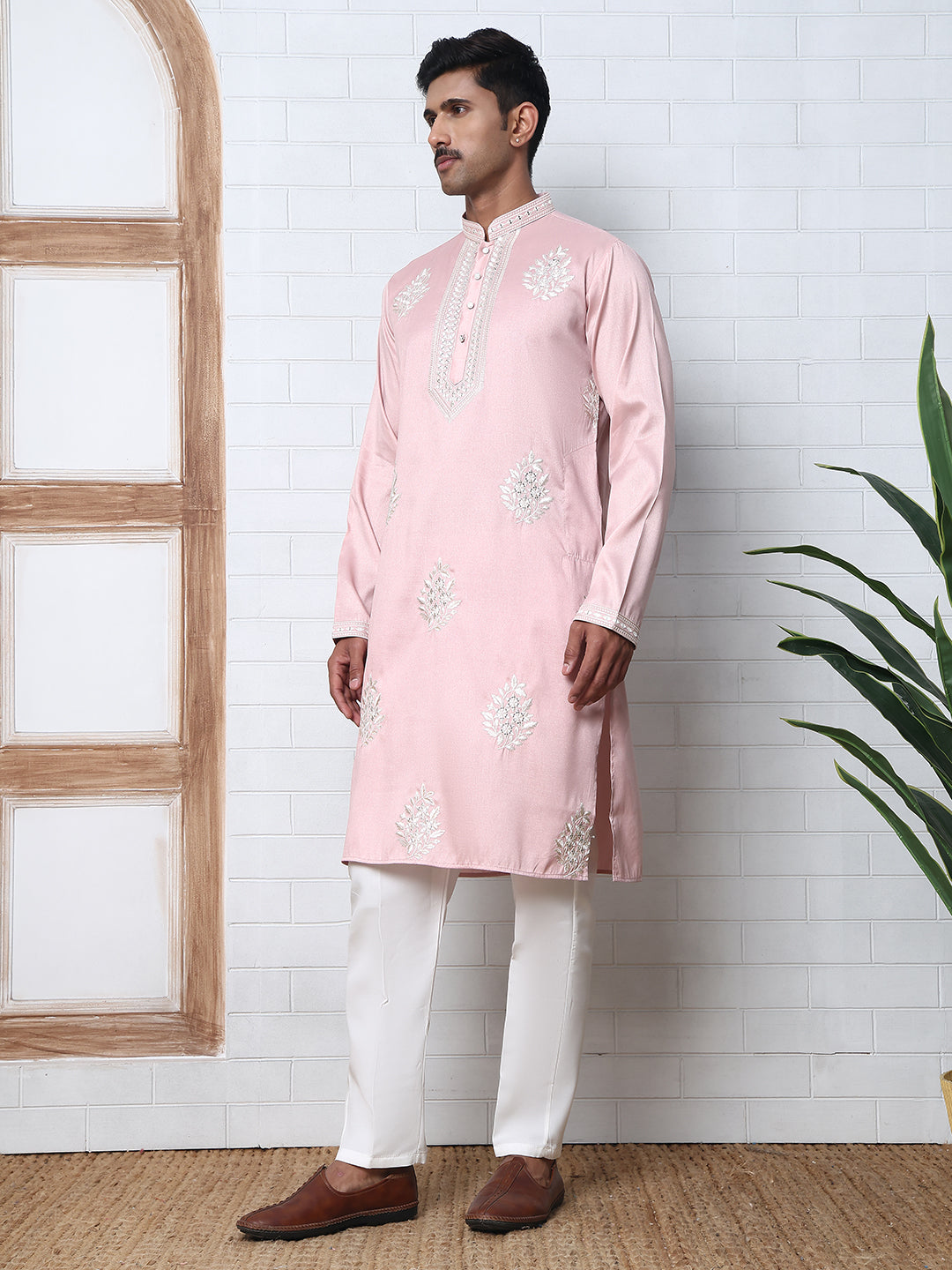 Men’s Silk Blend Ethnic Embroidered Kurta Pyjama (65KP P 5329 Pink ) [FF] [B-1-2]