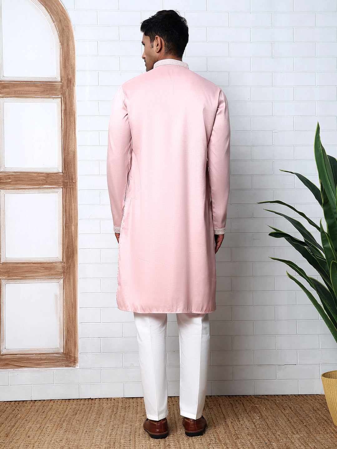 Men’s Silk Blend Ethnic Embroidered Kurta Pyjama (65KP P 5329 Pink ) [FF] [B-1-2]