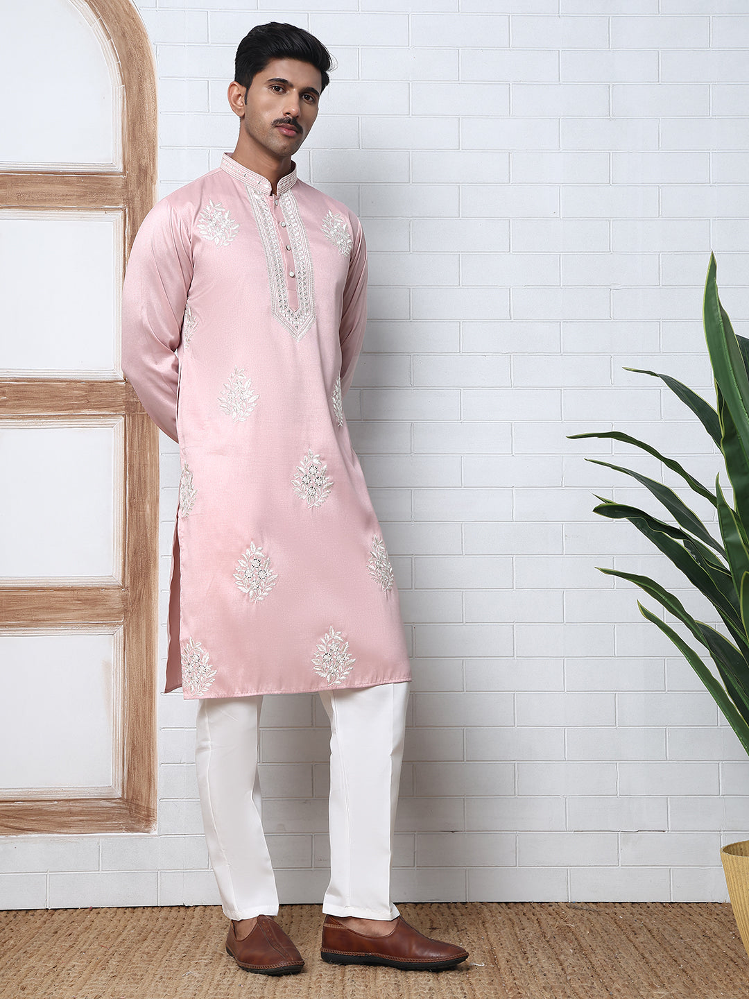Men’s Silk Blend Ethnic Embroidered Kurta Pyjama (65KP P 5329 Pink ) [FF] [B-1-2]