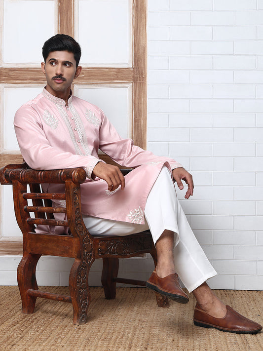 Men’s Silk Blend Ethnic Embroidered Kurta Pyjama (65KP P 5329 Pink ) [FF] [B-1-2]