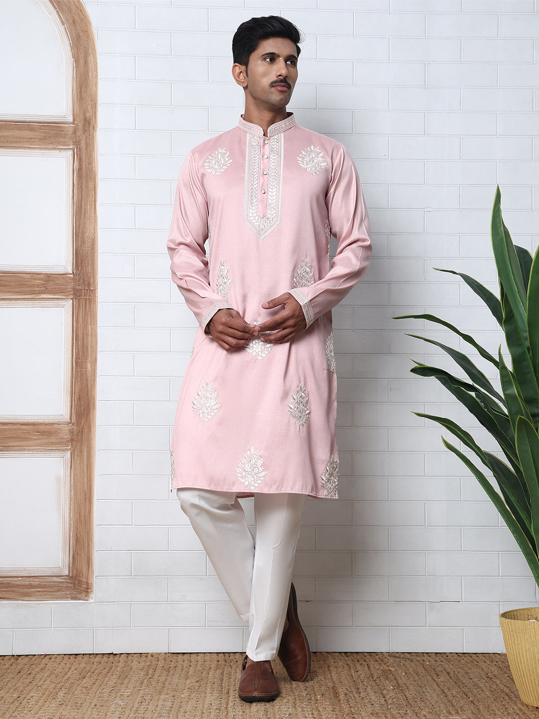 Men’s Silk Blend Ethnic Embroidered Kurta Pyjama (65KP P 5329 Pink ) [FF] [B-1-2]