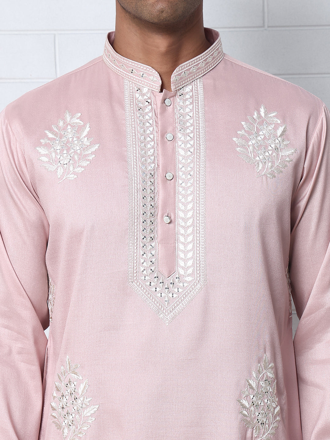 Men’s Silk Blend Ethnic Embroidered Kurta Pyjama (65KP P 5329 Pink ) [FF] [B-1-2]