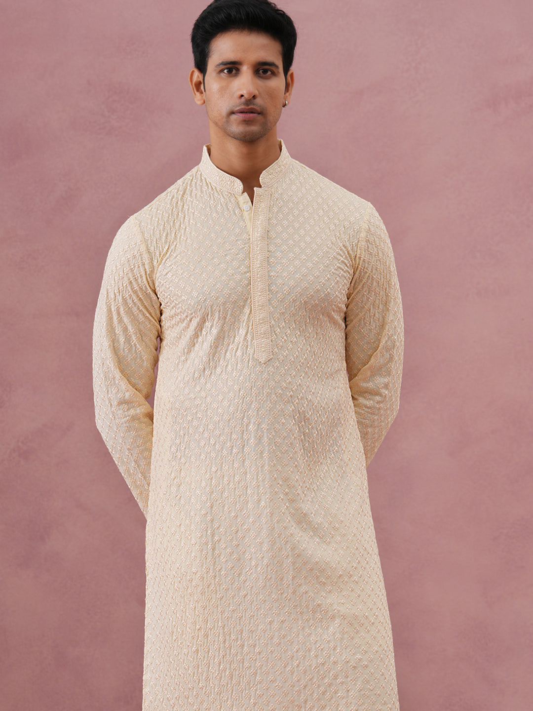 Viscose Rayon Traditional Embroidered Kurta Pyjama (65KP P 5330 Beige ) [FF] [1-1-9]