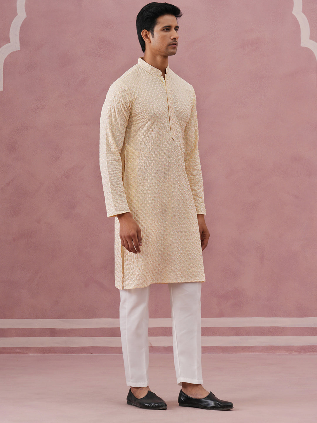 Viscose Rayon Traditional Embroidered Kurta Pyjama (65KP P 5330 Beige ) [FF] [1-1-9]