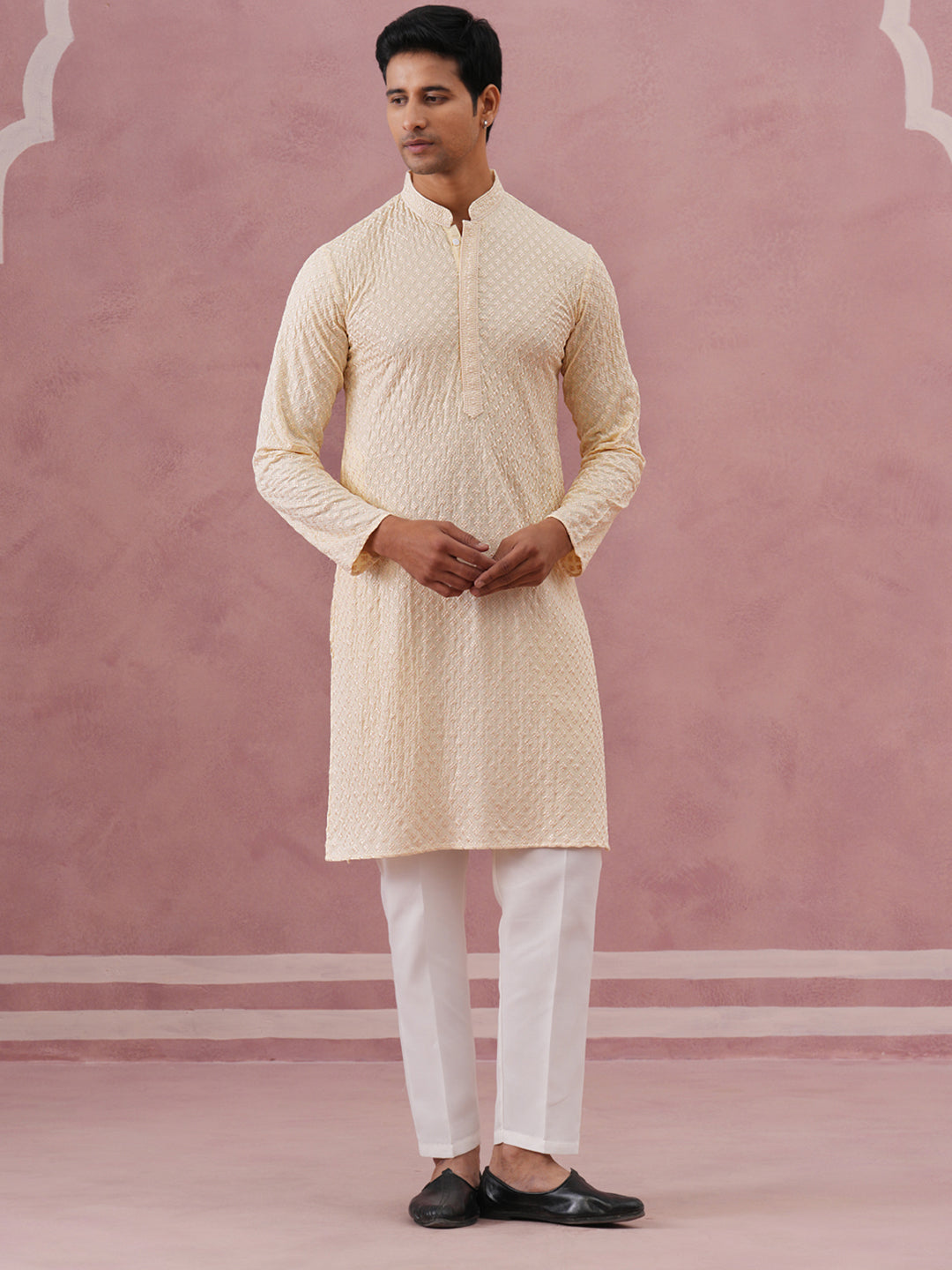 Viscose Rayon Traditional Embroidered Kurta Pyjama (65KP P 5330 Beige ) [FF] [1-1-9]