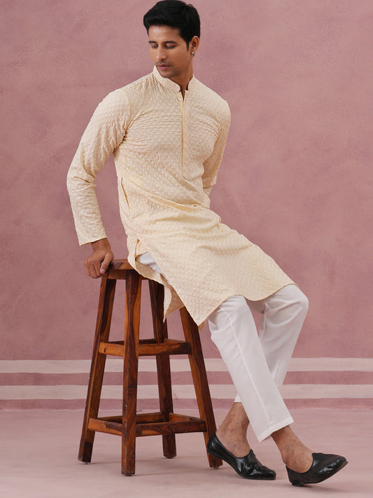 Viscose Rayon Traditional Embroidered Kurta Pyjama (65KP P 5330 Beige ) [FF] [1-1-9]