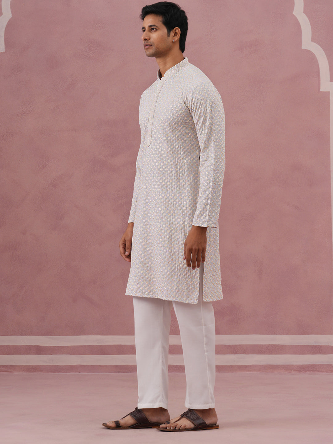 Viscose Rayon Traditional Embroidered Kurta Pyjama (65KP P 5330 Grey ) [FF] [1-1-9]