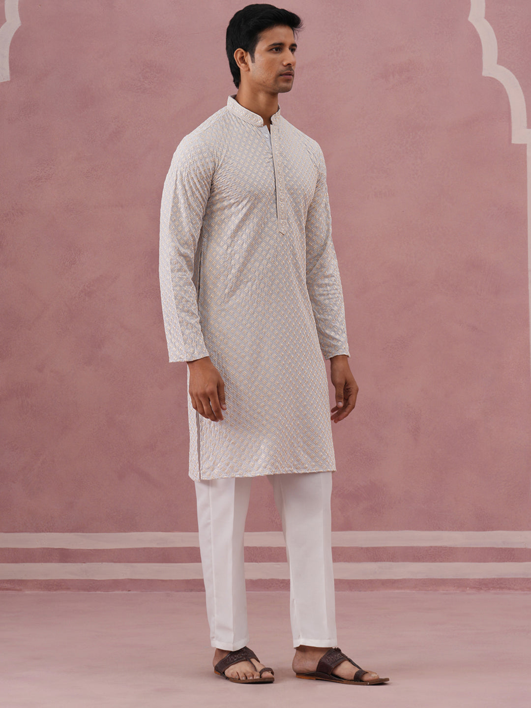 Viscose Rayon Traditional Embroidered Kurta Pyjama (65KP P 5330 Grey ) [FF] [1-1-9]