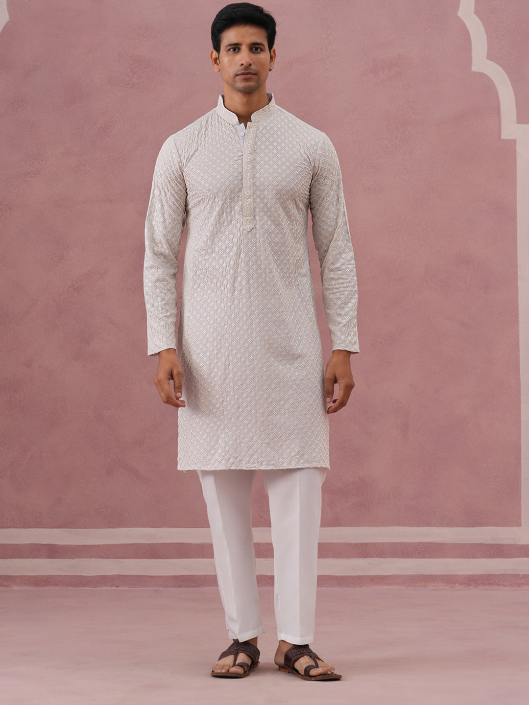 Viscose Rayon Traditional Embroidered Kurta Pyjama (65KP P 5330 Grey ) [FF] [1-1-9]