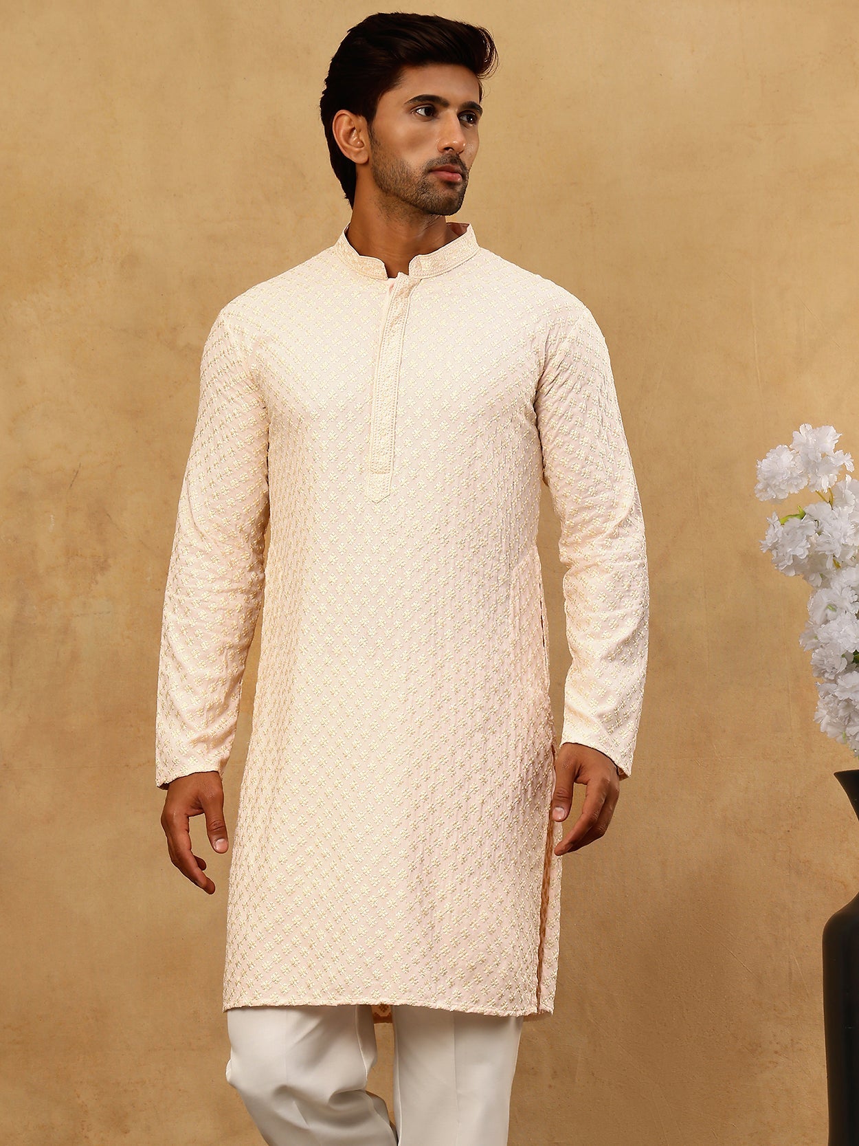Viscose Rayon Traditional Embroidered Kurta Pyjama ( 65KP 5330Peach )