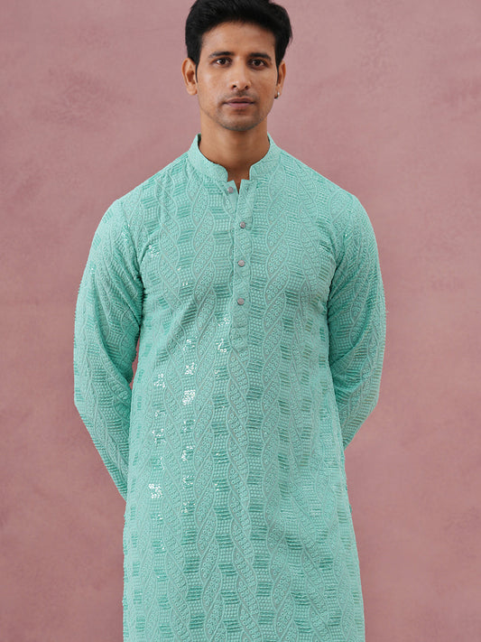 Sequin-Embellished Rayon Embroidered Kurta Pyjama (65KP P 5331 Green ) [FF] [O-6]