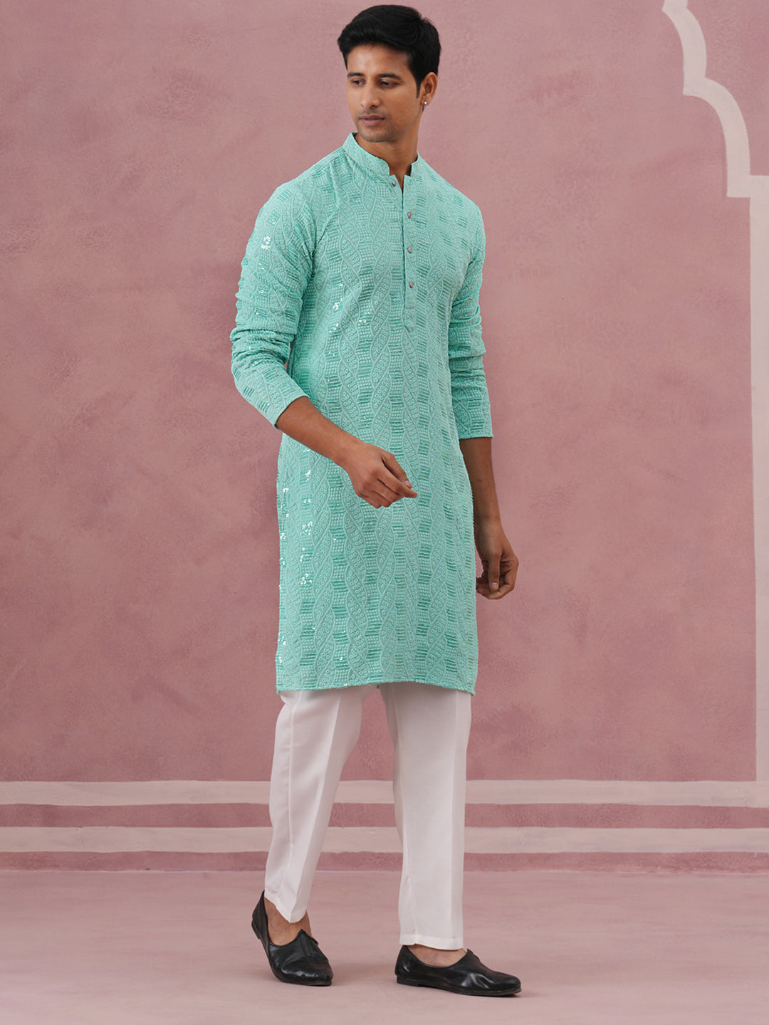 Sequin-Embellished Rayon Embroidered Kurta Pyjama (65KP P 5331 Green ) [FF] [O-6]