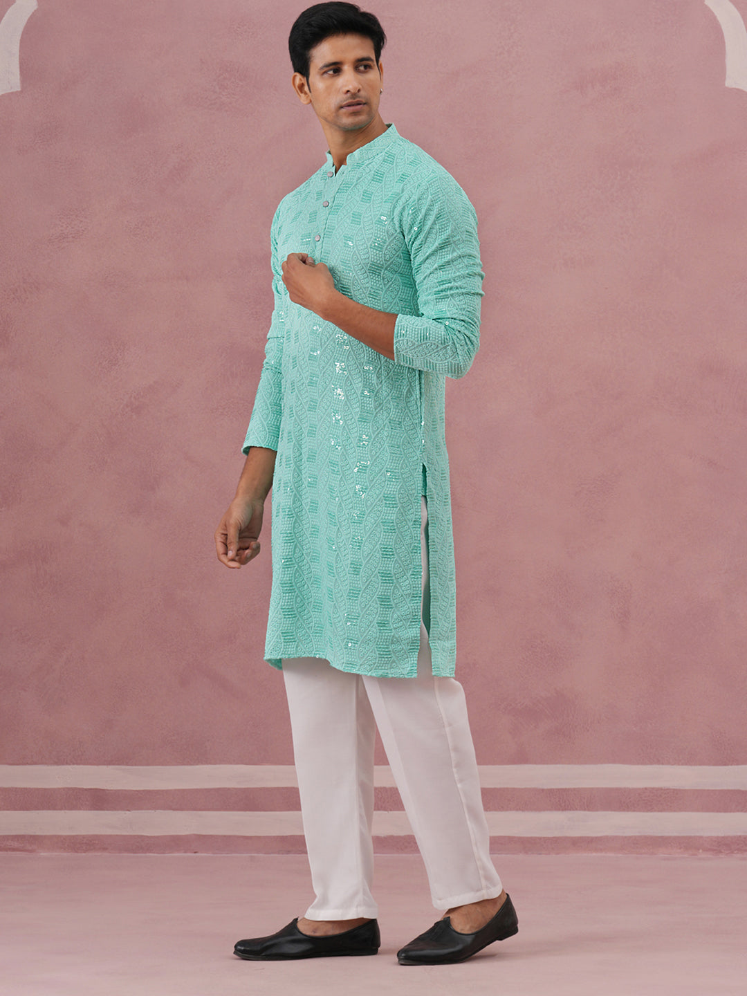 Sequin-Embellished Rayon Embroidered Kurta Pyjama (65KP P 5331 Green ) [FF] [O-6]