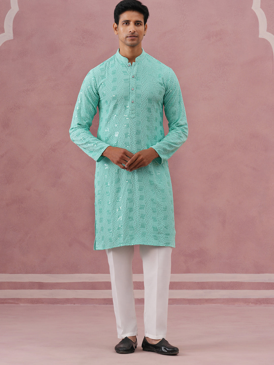 Sequin-Embellished Rayon Embroidered Kurta Pyjama (65KP P 5331 Green ) [FF] [O-6]