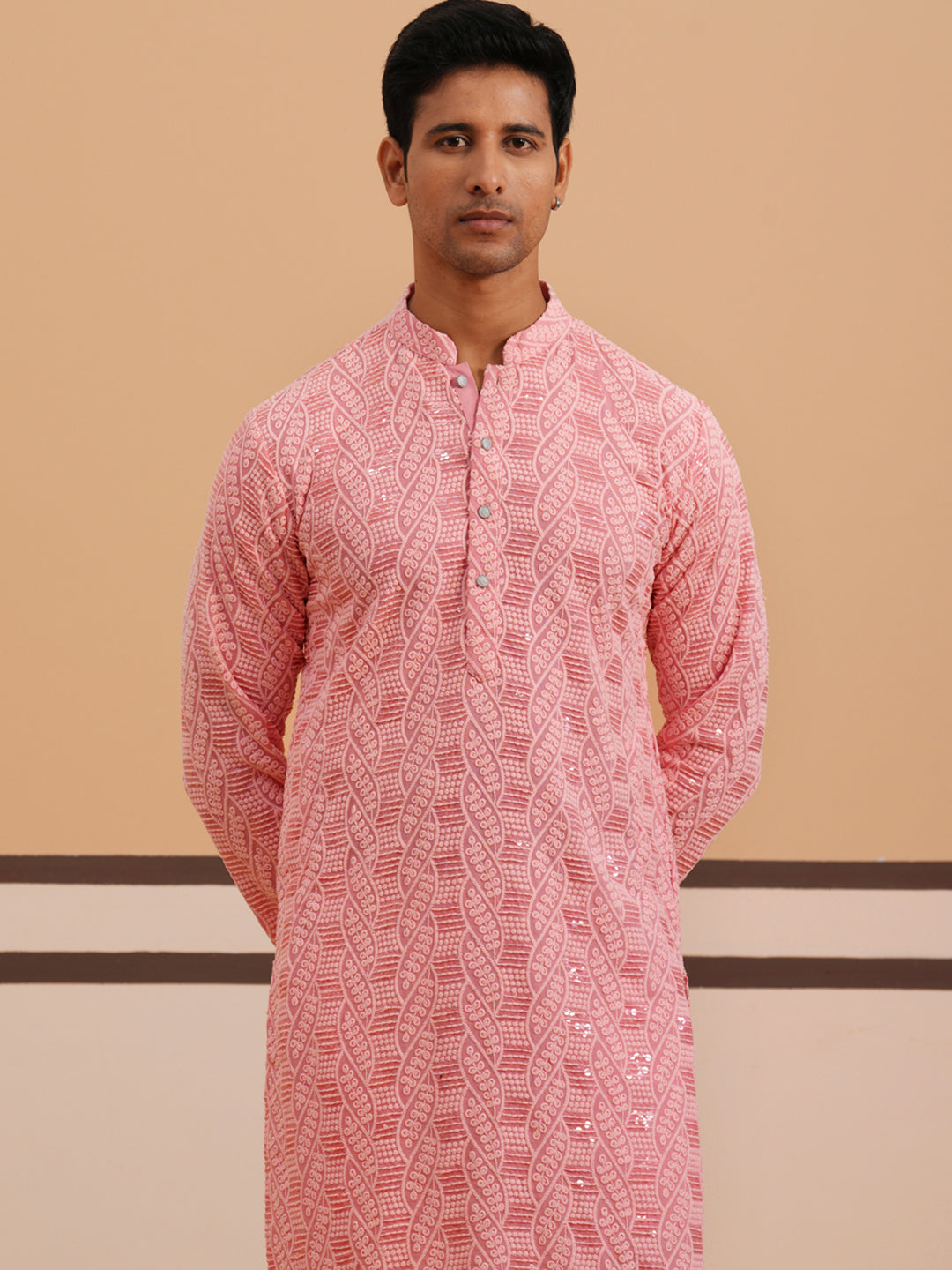 Sequin-Embellished Rayon Embroidered Kurta Pyjama ( 65KP P 5331 P 5331Peach ) [FF] [O-6]