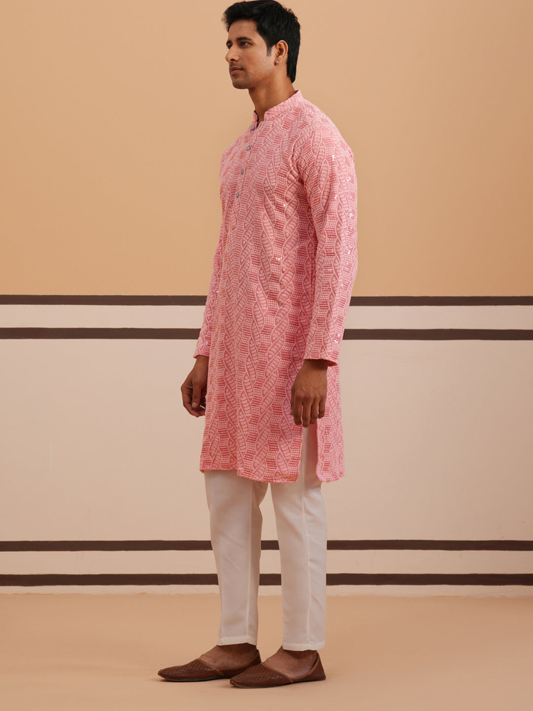 Sequin-Embellished Rayon Embroidered Kurta Pyjama ( 65KP P 5331 P 5331Peach ) [FF] [O-6]